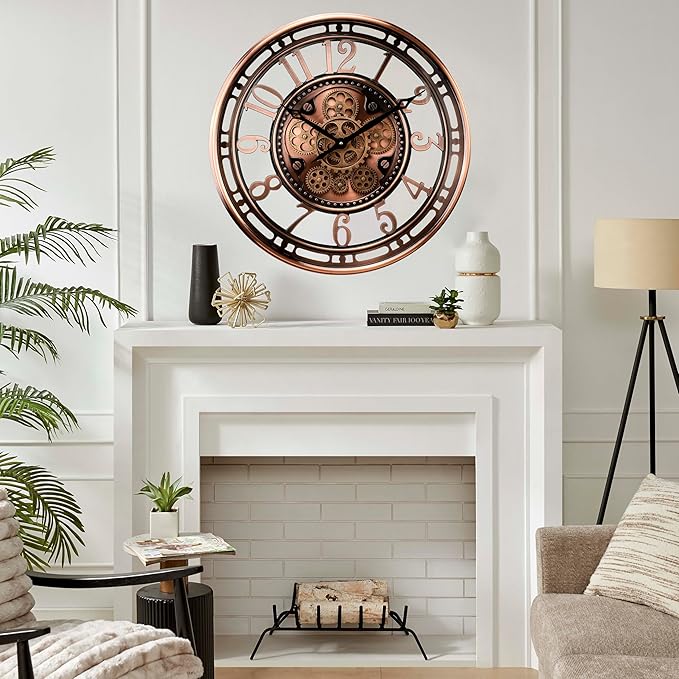 CLXEAST 21 Inch Moving Gear Wall Clock for Modern Farmhouse Living Room Decor,Large Industrial Steampunk Wall Clock for Home Office,Metal Copper Finished,House Warming Gifts New Home-Ruum Studio Home