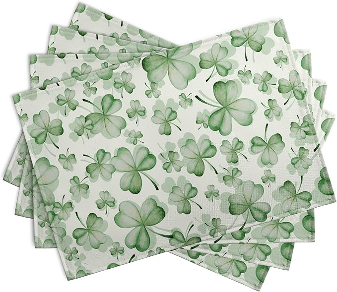 Shamrocks St. Patrick's Day Placemats Set of 4 Watercolor Lucky Clovers St Patrick's Day Table Mats Seasonal Spring Green Leaves Linen Place Mats for Party Kitchen Dining Outdoor Indoor Decor-Ruum Studio Home