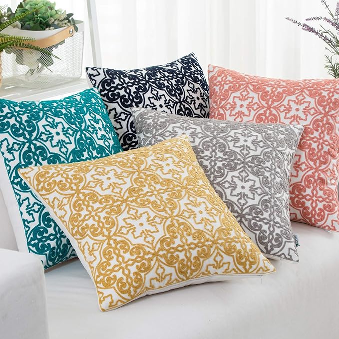 HWY 50 Grey Gray Decorative Throw Pillow Covers 18x18 Inch, Pack of 2 Embroidered Cotton Farmhouse Cushion Cover Pillow Case for Sofa Couch Living Room Bed Bedroon, Sunflower Design-Ruum Studio Home