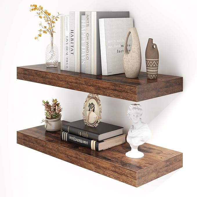 12 Inch Deep Floating Shelves for Wall | 30 Inch Floating Shelves Set of 2 | Rustic Wood Shelves for Living Room Bathroom Laundry Room Bedroom Kitchen Home Office - Rustic Brown-Ruum Studio Home