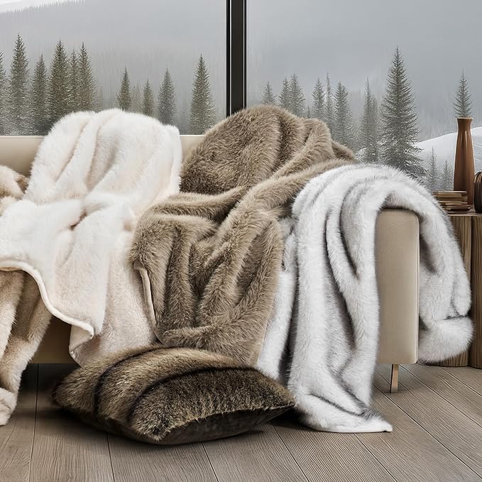 Luxury Faux Fur Throw Blanket, Soft Fluffy Faux Mink Blankets for Bed, Couch, Sofa, Thick Cozy Plush Warm Fur Throws with Reversible Velvet, Ivory Mink, 60"x80"-Ruum Studio Home
