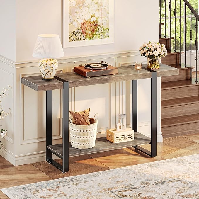 Huuger 47.2 Inch Entryway Table, 2-Tier Industrial Console Sofa Table with Storage, Accent Table, for Entry, Hallway, Entrance, Foyer, T-Shaped Metal Frame, Grey-Ruum Studio Home