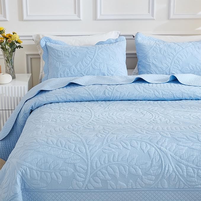 MarCielo 3-Piece 100% Cotton Oversized Bedspread Lightweight Quilt Coverlet Embroidery Farmhouse Bedding Set T0 (Light Blue, Oversized King (118"x106"))-Ruum Studio Home