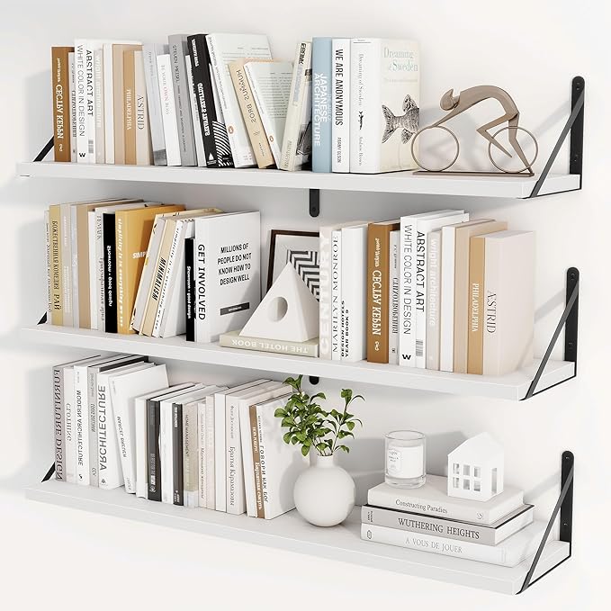 Heimlove 36 Inch White Floating Bookshelves Set of 3,Heavy Duty Wall Mounted Bookshelves,Wall Bookshelf for Living Room,Bedroom,Kitchen,Laundry Room Storage & Decor-Ruum Studio Home