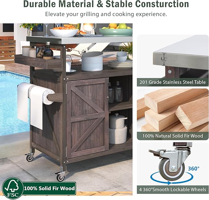 Farmhouse Solid Wood Grill Table with Stainless Steel Top, Outdoor Rolling Bar Cart & Storage Cabinet with Spice & Towel Rack, Outdoor Kitchen Island with Internal Storage Rack, Dark Brown-Ruum Studio Home