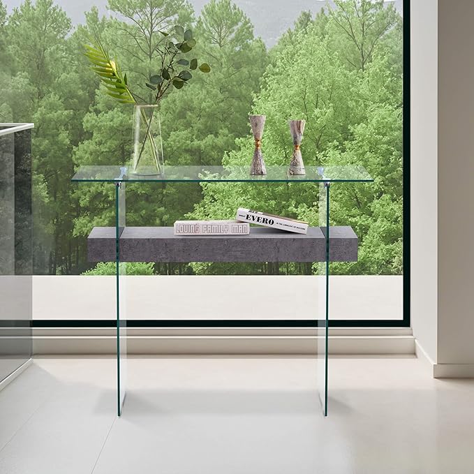 ivinta Glass Console Table with Storage, 39.4" Modern Entryway Table for Living Room, Foyer, Hallway, Bedroom 5101 (Gray)-Ruum Studio Home