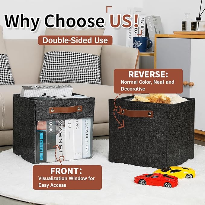 HNZIGE Fabric Cube Storage Bins 11 x 11, Collapsible Storage Cubes Bins for Storage Shelves,Foldable Cube Storage Bins for Storage, Cubby Closet Clear Bins for Storage Blanket(Prints Black 6PCS)-Ruum Studio Home