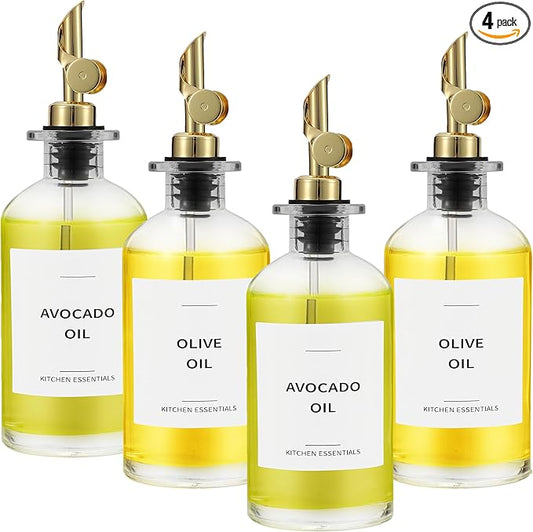 Olive Oil Dispenser Bottle - Includes 55 Kitchen Essential Labels - Cooking Oil Bottles for Kitchen, Coffee Syrup Dispenser - Pourer Spout with 11.8 fl oz Glass Container Cruet - 4pcs, Gold-Ruum Studio Home