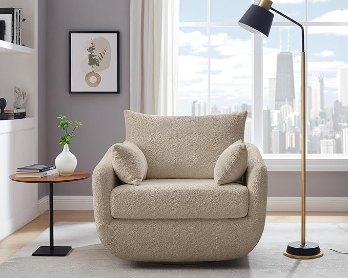 360° Swivel Accent Armchair, 39.3" Oversized, Sherpa Boucle Fabric Sofa Chair with Removable Back & Arm Pillows, Swivel Chair with Cozy Soft Padded, No Assembly Required (1, Camel)-Ruum Studio Home