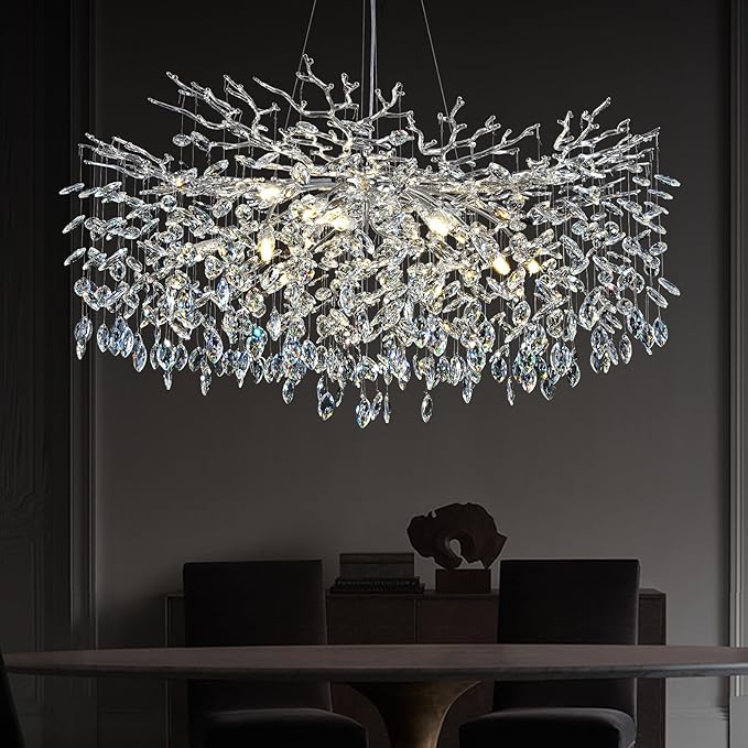 Modern Crystal Chandeliers for Dining Room, 40" Round Silver Tree Branches Chandeliers, Large Dining Room Over Table Chandeliers Lights Fixture, Branches and Crystals Ceiling Light Fixtures-Ruum Studio Home