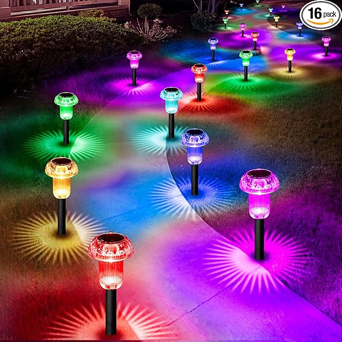 Solar Lights Outdoor Pathway Waterproof 16 Pack Color Changing LED Acrylic Mushroom Decorative Garden Lights for Yard Landscape Patio Outside Christmas Decorations-Ruum Studio Home