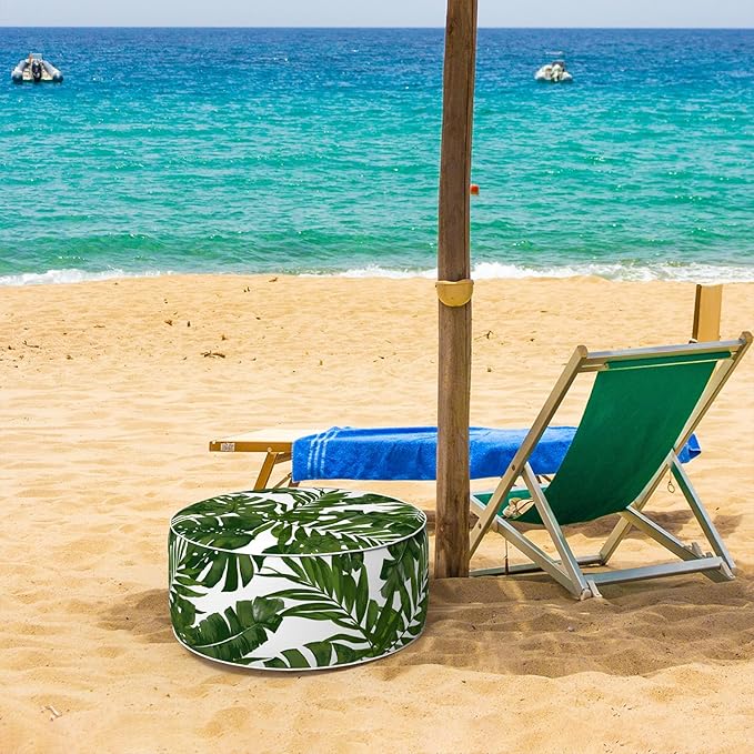 Inflatable Ottoman Stool D21 xH9 for Outdoor/Indoor Use, Water Repellent Patio Foot Rest Stool with Portable Handle,Round Pouf Ottoman Suitable for Garden,Deck and Camping - Palm Green-Ruum Studio Home