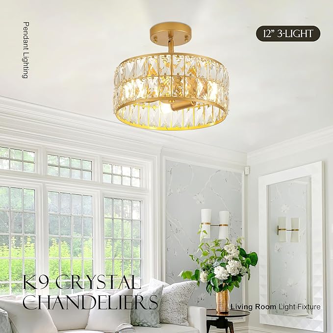 12” 3-Light Modern Crystal Chandeliers Gold Dinning Room Light Fixture, Round Pendant Light Kitchen Island Chandelier, Flush Mount Ceiling Light for Living Room Entryway Bedroom Foyer-Ruum Studio Home
