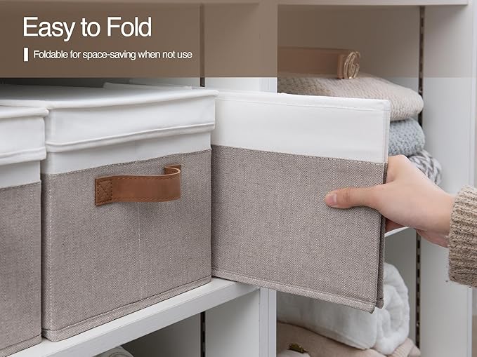 StorageWorks Storage Bins with Lids, Decorative Storage Boxes with Lid and PU Handles, Foldable Storage Baskets for Closet, Shelves, Stackable, Brown and White, Jumbo, 3-Pack-Ruum Studio Home