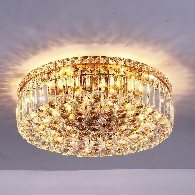 6-Lights Gold Crystal Flush Mount Chandelier Light Fixture K9 Crystals Modern Ceiling Lights Elegant Pendant Lamp for Bedroom,Hallway,Bar,Living Room,Dining Room,H5.9 xW20 (Bulbs Not Included)-Ruum Studio Home