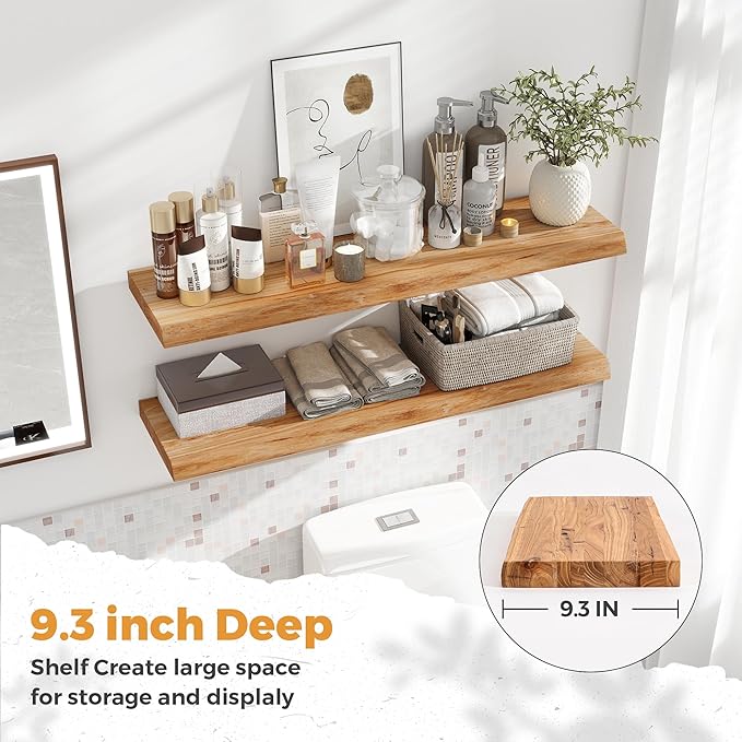 RICHFOCUS Live Edge Elm Floating Shelves - 36" W x 9.3" D Rustic Solid Wood Wall Shelves with Invisible Bracket, Wall-Mounted for Living Room, Bedroom, Kitchen Storage & Display, Set of 2, Natural-Ruum Studio Home