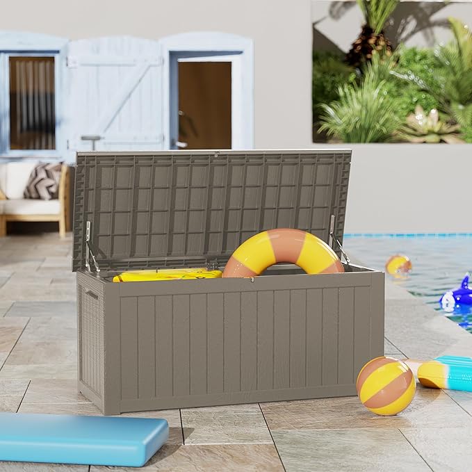 230 Gallon Double-Wall Resin Deck Box - Lockable Waterproof Outdoor Storage Box, 1000lbs Capacity & Doubles as Seating for Patio Furniture - Garden Tools, Pool Accessories (Brown)-Ruum Studio Home