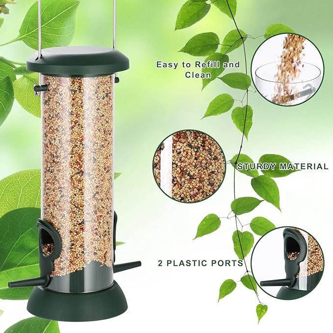FEED GARDEN 2 Pack Tube Bird Feeders for Outdoors Hanging, Premium Hard Plastic Wild Bird Feeders with 2 Ports, Small Bird Feeder Easy-Refill&Clean, Gifts for Mom Woman, 8.5 Inch Green-Ruum Studio Home