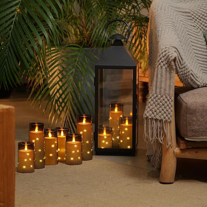 Homemory 9 Pcs Flameless Candles with Embedded Star String Fairy Lights, Battery Operated Candles, LED Fake Candles with Remote Control and Timer, Gray Acrylic-Ruum Studio Home