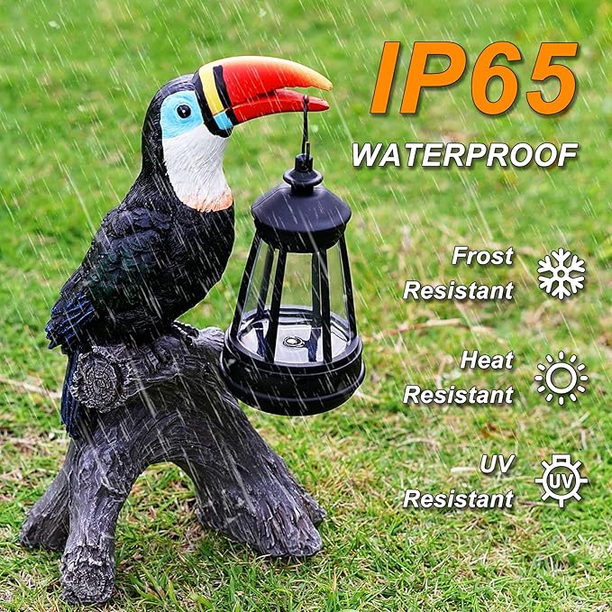 Toucan Garden Statues Decor, Solar Waterproof 9.5" Colorful Tropical Bird Sculpture with LED Lights Funny Garden Outdoor Exotic Bird Sculpture Decoration for Lawn Porch Yard Patio Tiki Bar-Ruum Studio Home