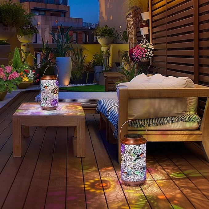 2Pack Solar Lanterns Outdoor Waterproof Hummingbird Colorful Garden Gifts for Mom, Multicolor Solar Lights Lantern for Backyard Garden, Pathway, Outside, Mothers' Day Gifts for Grandma Women-Ruum Studio Home