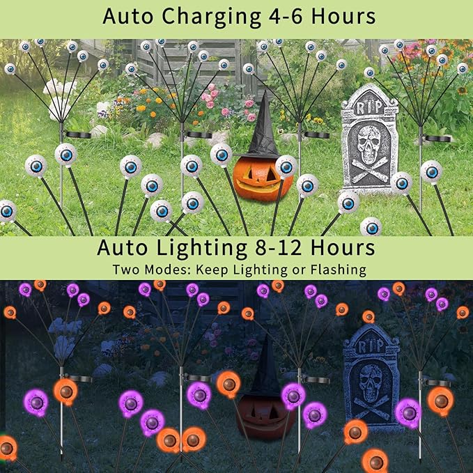 VOTTGO Halloween Solar Lights Outdoor, 8 Pack 48LED Scary Solar Eyeball Pathway Lights, 2 Modes Waterproof Swaying Solar Firefly Lights for Garden Yard Pathway Halloween Decorations, Purple + Orange-Ruum Studio Home