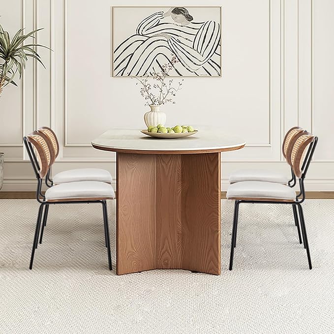 Rattan Dining Chairs Set of 4, Mid Century Modern Dining Chairs with Cane Back for Kitchen Dining Room, 19 Inch Fabric Beige-Ruum Studio Home