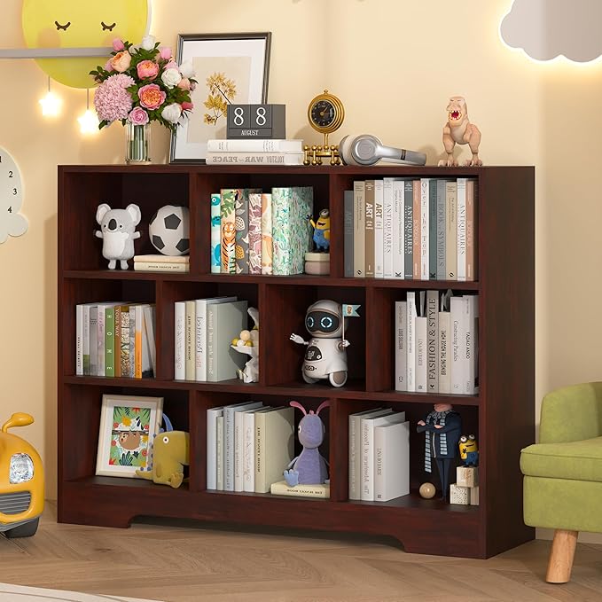 Book Shelf, 10 Cubes Storage Organizer, 3-Tier Open Shelf Wooden Bookcase, Freestanding Cherry Bookshelf Cube Shelf for Bedroom, Living Room, Home Office-Ruum Studio Home