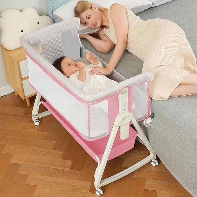 Baby Bassinet Bedside Sleeper for Baby,Bedside Bassinet with Wheels and Storage Basket, 6 Height Adjustable Bedside Crib(Upgrade Pink)-Ruum Studio Home