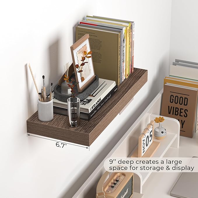 Fun Memories Floating Shelves - 16 Inch Wall Shelf for Decor & Storage - Wall Mounted Display Shelving with Invisible Heavy-Duty Metal Bracket 2Pack, Walnut-Ruum Studio Home