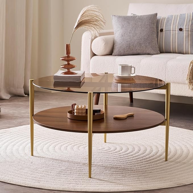 Round Coffee Table, Mid-Century Modern Design, D30 x H17, for Living Room, 2-Tier Structure, Amber Glass Top and Walnut MDF Shelf, Sleek Conical Metal Legs with Gold Finish-Ruum Studio Home