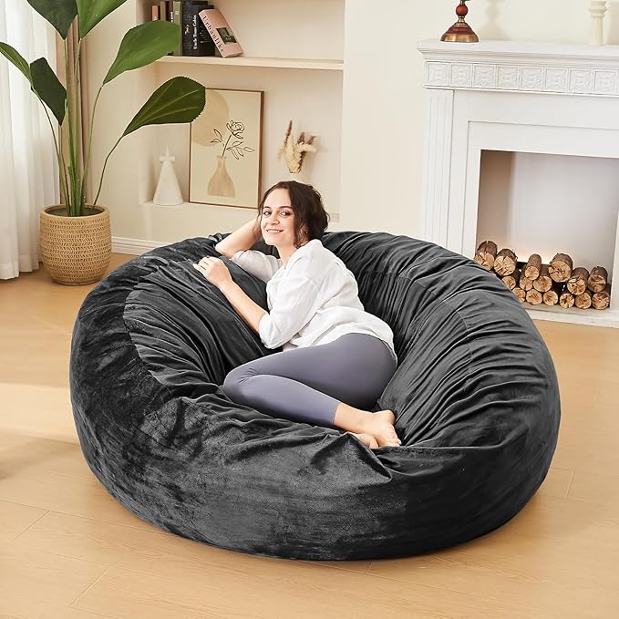 Bean Bag Chairs for Adults - Memory Foam Furniture BeanBag Chair - Kids/Teens Sofa with Soft Micro Fiber Cover - Round Fluffy Couch for Living Room Bedroom College Dorm - 5 ft, Carbon Black-Ruum Studio Home