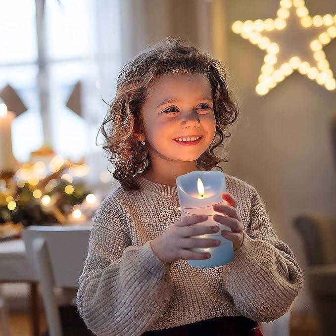 danip Sky Blue LED Flameless Candle, with Embedded Star String, 3-Piece Set of LED Candles, with 11 Button Remote Control, 24-Hour Timer Function, Dancing Flames, Real Wax, Battery Powered.-Ruum Studio Home