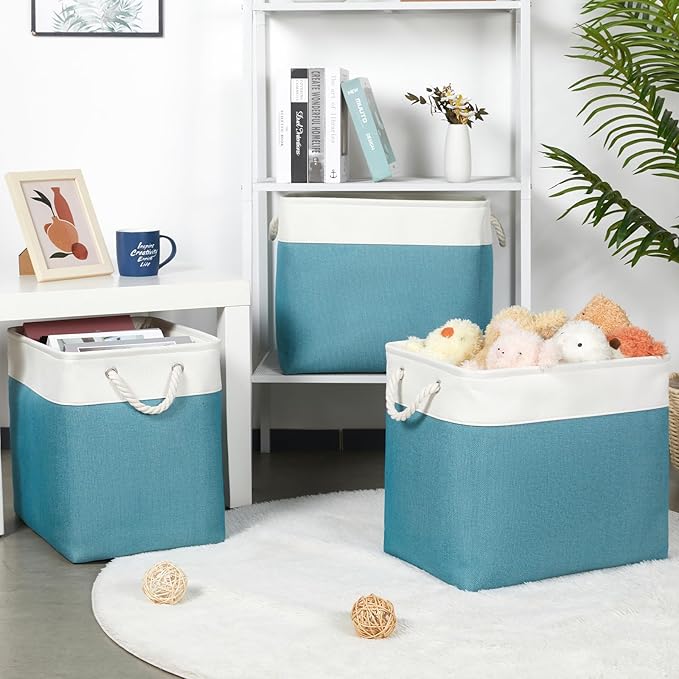 Bidtakay Extra Large Storage Baskets for Shelves 3 Pack Fabric Storage Bins for Organizing Linen Collapsible Organizer for Closet-White&Teal-Ruum Studio Home