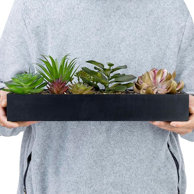MyGift Artificial Assorted Succulent Arrangement in Rectangular Black Wood Planter Box, Fake Plant Decor-Ruum Studio Home