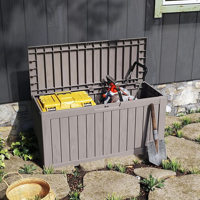 75 Gallon Double-Wall Resin Deck Box - Lockable Waterproof Outdoor Storage Box, 515lbs Capacity & Doubles as Seating for Patio Furniture - Garden Tools, Pool Accessories (Brown)-Ruum Studio Home