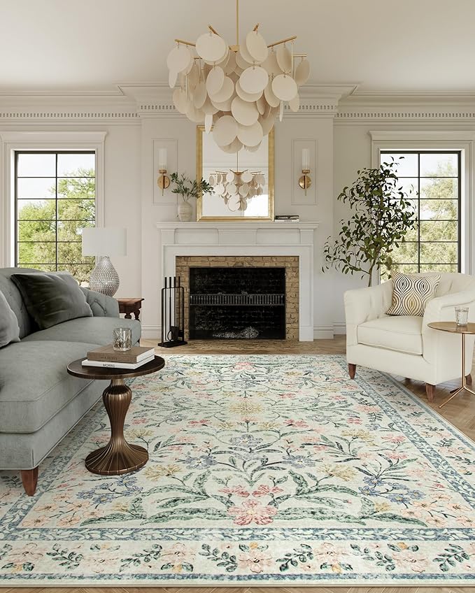 Wonnitar Large Living Room Rug, Floral 10 x 14 Machine Washable Area Rugs, Soft Boho Ultra-Thin Non-Shedding Indoor Aesthetic Carpet for Bedroom Dining Room Office-Ruum Studio Home