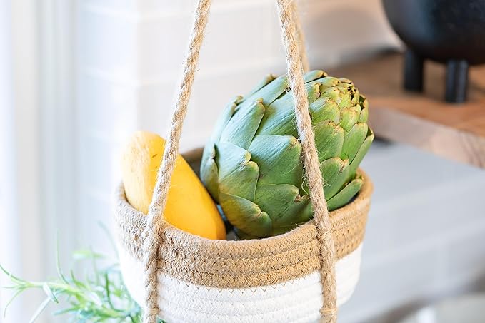 CEDAR+PINE 3-Tier Lined Hanging Fruit Basket Natural Woven Cotton with Strong Jute Rope Hanger in Gift Box Modern Hanging Basket for Kitchen-Ruum Studio Home