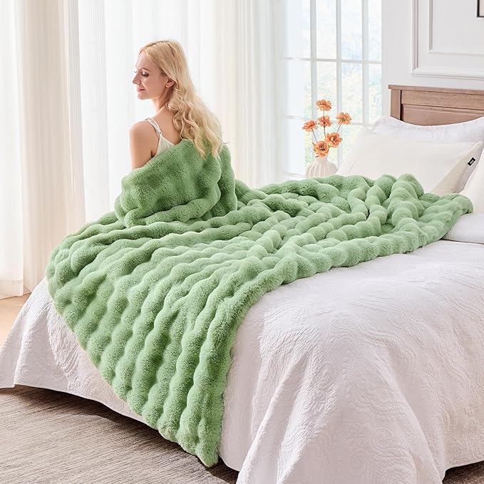 BENVWE Fluffy Faux Fur Throw Blanket for Couch, Soft Plush Thick Cozy Fuzzy Luxury Minky Bubble Blanket for Home Living Room Decor Gift for Women, Sage Green, 63" x 80", 1100GSM-Ruum Studio Home