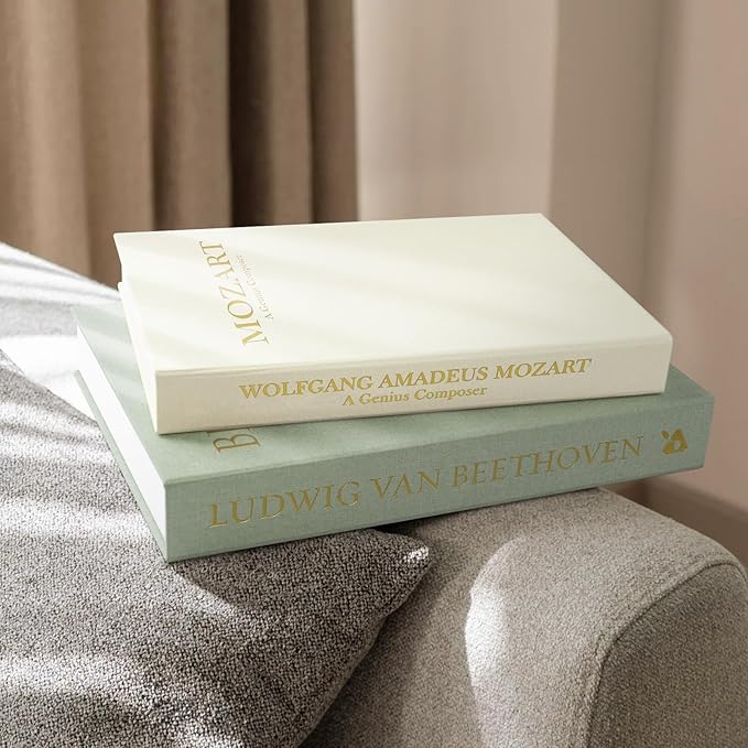Aesthetic Decorative Books -Set of 2 Minimalist Linen Hardcover Faux/Fake Books for Coffee Table Home Decor Living Room Decoration, Photo Storage or as a Keepsake Box(Sage-beige-musician)-Ruum Studio Home