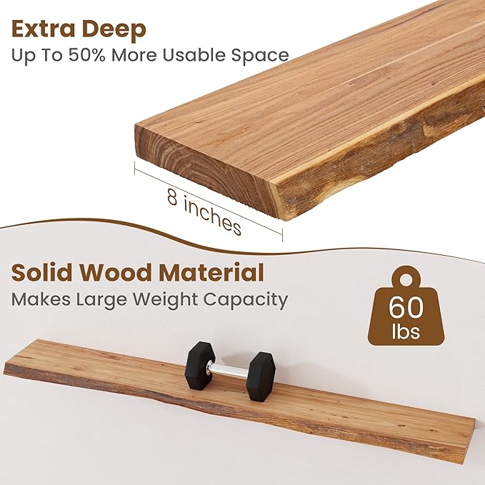 Floating Shelves for Wall Decor, Rustic Solid Elm Wood Live Edge Floating Shelves Wall Mounted, Wall Shelves with Invisible Bracket for Living Room Bathroom Bedroom Kitchen, 55 Inch, Natural-Ruum Studio Home