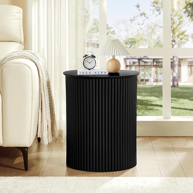 AVZEAR Small Round Side Table Fluted Night Stand Set of 2, 17.7" Mid Century Modern End Table, Circle Bedside Tables Wood Nightstands for Small Spaces, Living Room, Bedroom(Black)-Ruum Studio Home