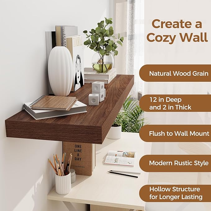 Floating Shelves 36 Inch Long, 12 Inch Deep Floating Shelves for Wall, 36 x 12 Shelves for Wall Storage & Display, 2" Thick Floating Shelf for Bathroom, Living Room, Bedroom, Walnut Color, Set of 2-Ruum Studio Home