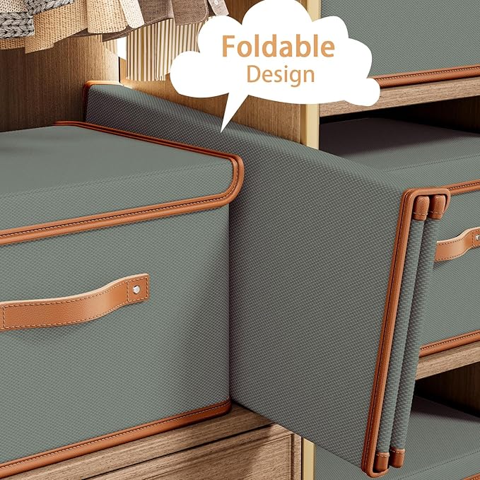 Tuza 4 Pack Storage Bins with Lids, Collapsible Closet Organizer Container, Fabric Organizer Box with Handles, Decorative Storage Boxes with Lids for Organizing Clothes, Blanket, Grey, Medium-Ruum Studio Home