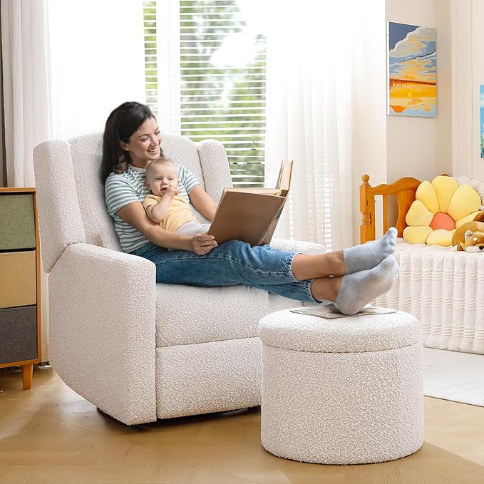 Power Recliner Chair Swivel Glider, Large Rocker Recliner with Ottoman & USB Charging Port, Boucle Upholstered Swivel Rocker Glider Recliner for Nursery,Bedroom,Living Room, Cream-Ruum Studio Home