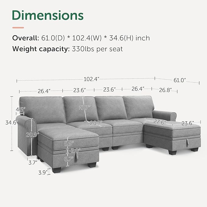 HONBAY Convertible Sectional Sofa with Storage Seat 6 Seat Sofa with Reversible Chaise U Shaped Sectional Couch for Living Room,Light Grey-Ruum Studio Home