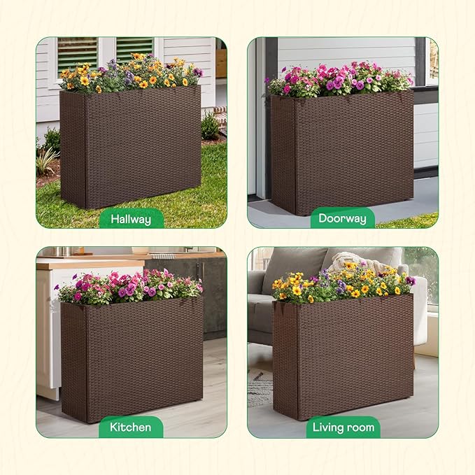 IDZO All Weather Wicker Planter Raised Garden Bed, 24 in Tall Round Rattan Flower Pots, Durable Self-Watering Indoor Outdoor Wicker Planters for Porch Patio Balcony-Ruum Studio Home
