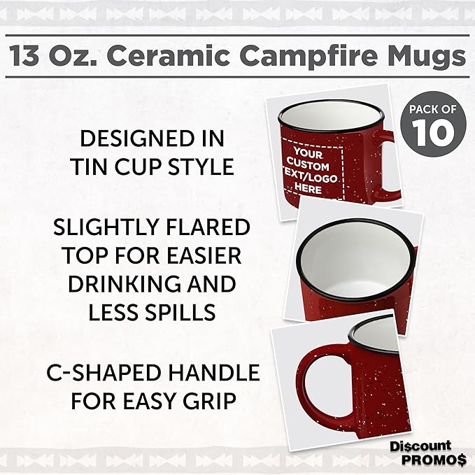DISCOUNT PROMOS Custom Ceramic Campfire Coffee Mugs 13 oz. Set of 10, Personalized Bulk Pack - Perfect for Tea, Espresso, Cappuccino, Hot Cocoa - Red-Ruum Studio Home