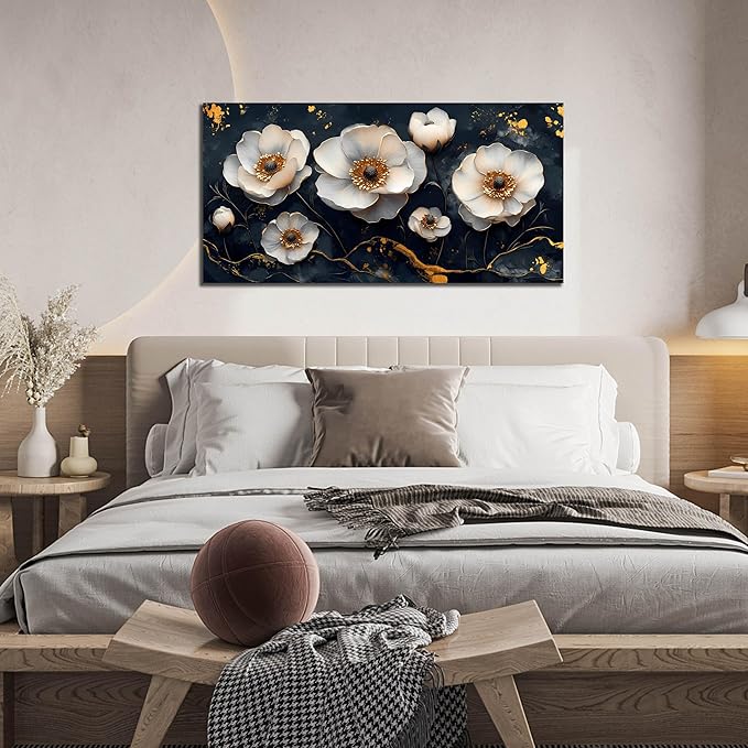 White Flower Wall Canvas Art for Bedroom - Black and White Wall Art for Living Room - Home Office Decor Wall Size 20" x 40"-Ruum Studio Home