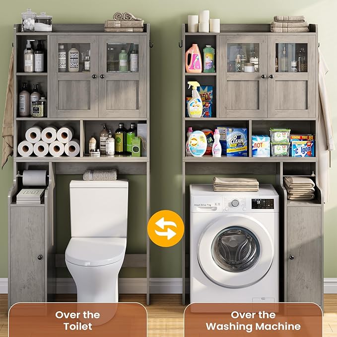 Itaar Over The Toilet Storage Cabinet, Over Toilet Bathroom Organizer with Glass Doors & Toilet Paper Holder Stand, Home Space-Saving Toilet Rack, for Bathroom, Restroom, Laundry, Grey-Ruum Studio Home